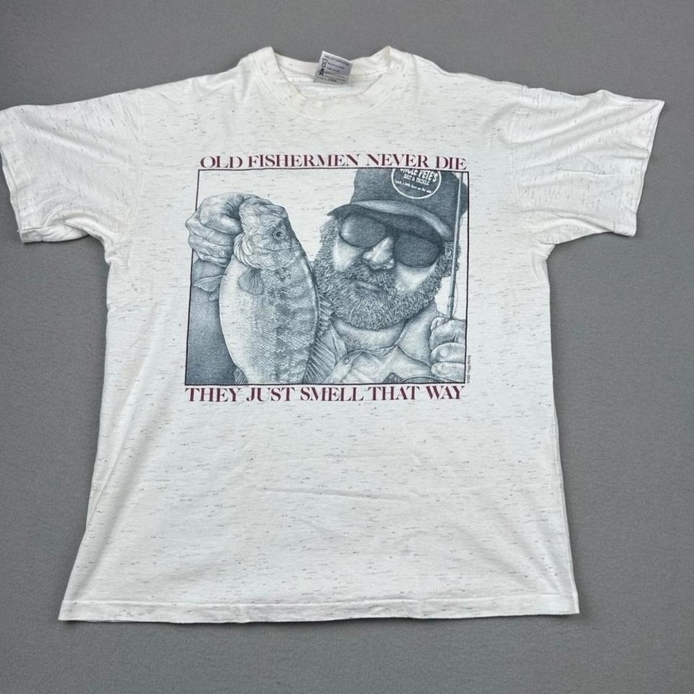 White‎ and blue vintage 1992 fishing tee funny graphic single stitch Size M - Picture 3 of 8
